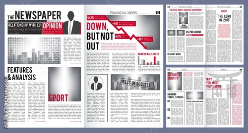 Newspaper template. Print design layout of newspaper cover headline and finance articles with place for text vector. Article press, information news, daily page illustration