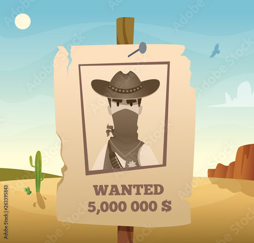 Wild west frame. American cowboy western symbols lasso guns horse saloon vector poster template. Wanted cowboy poster, wild west criminal banner illustration