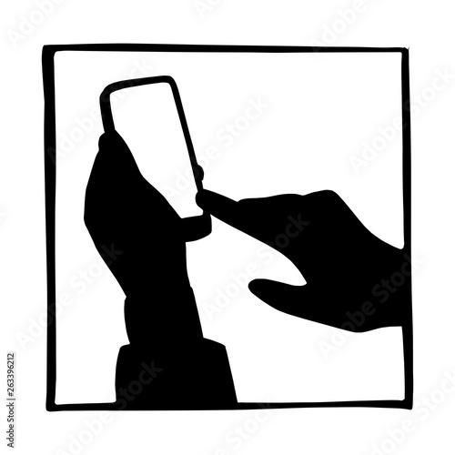 silhouette hand of businessman using mobile phone vector illustration sketch doodle hand drawn isolated on white square background.