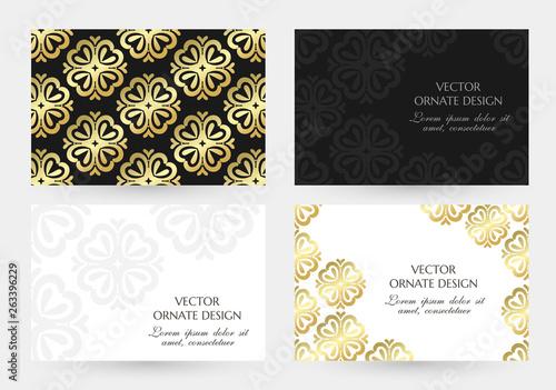 Golden floral ornament. Cards collection. Horizontal banners with decoration elements on the black and white background.