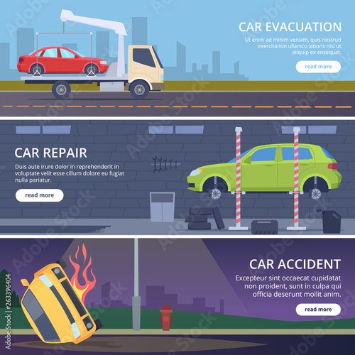 Accident road banners. Urban landscape with damaged cars crash broken transport vector pictures collection. Broken auto, transportation automobile to repair service illustration