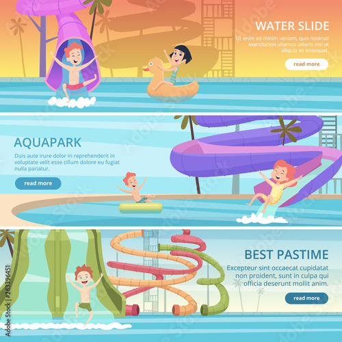 Water park banners. Aqua games funny pleasure for kids at pool playground with water slide and rubber castle vector cartoon pictures. Water game in pool aqua-park, banner entertainment illustration