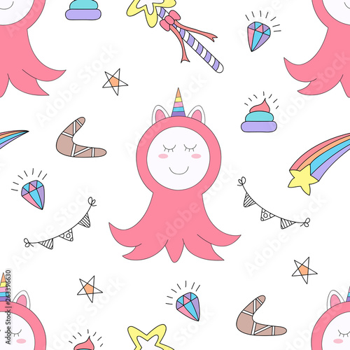 Seamless pattern cute unicorn cartoon hand drawn style.vector and illustration
