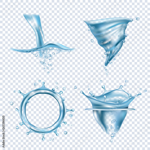 Water splashes. Rain drops liquid fluids object transparent blobs dynamic water whirlpool vector realistic pictures. Aqua transparent, fluid liquid splash illustration