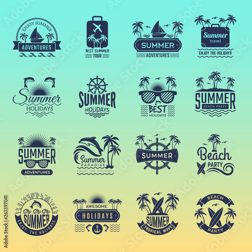 Summer travel logos. Retro tropical vacation badges and symbols palm tree drinks beach tour on island vector pictures collection. Illustration of summer tropical journey badge