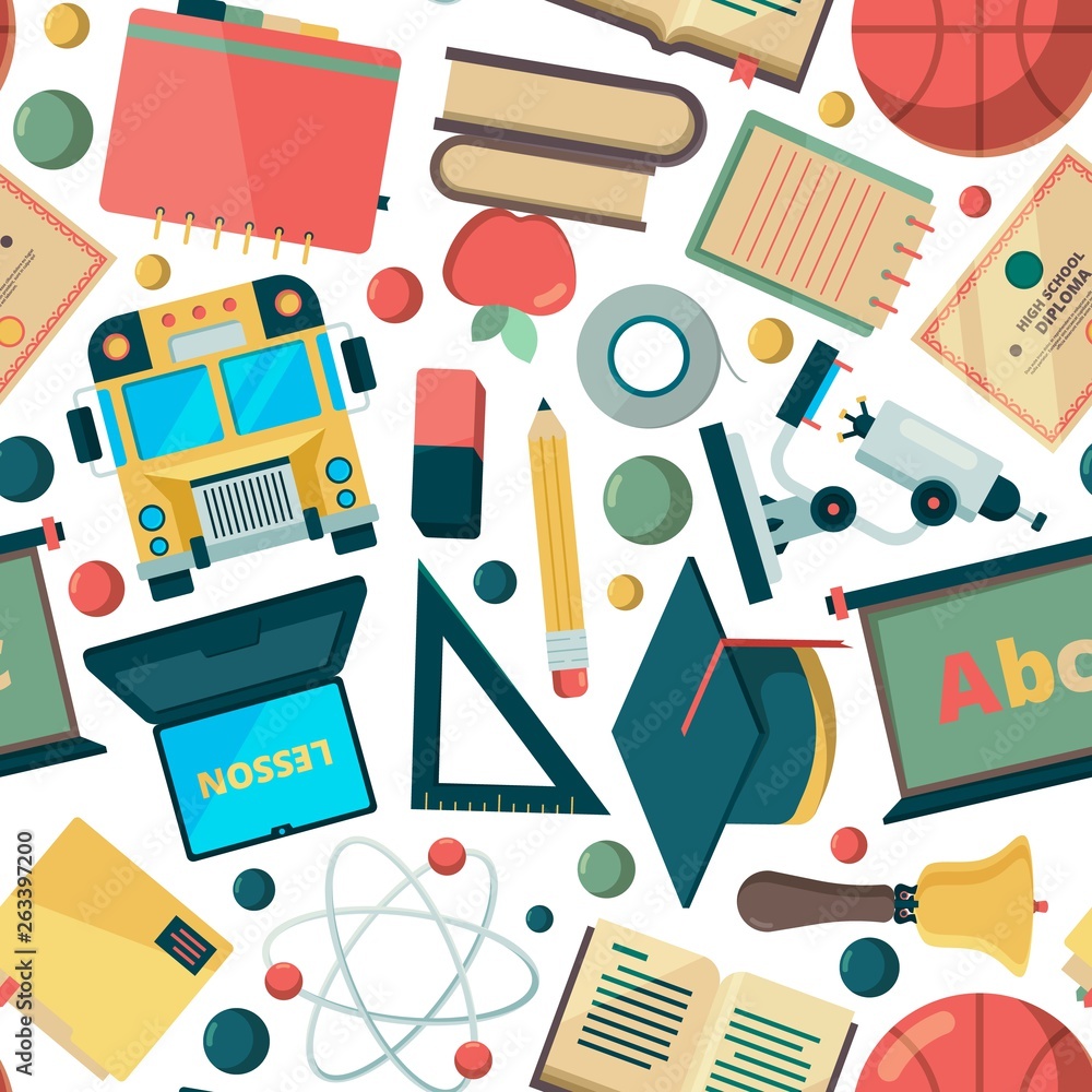 School seamless background. Education learning college institute objects stationary tools teachers university items vector pattern. Stationery for school, study and knowledge illustration School seamless background. Education learning college institute objects stationary tools teachers university items vector pattern. Stationery for school, study and knowledge illustration