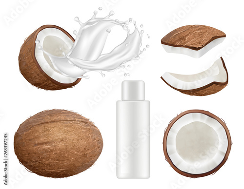 Coconut collection. Fresh tropical coco fruit with milk vector nature coconuts realistic illustrations. Coconut half fruit, food ingredient nutrition