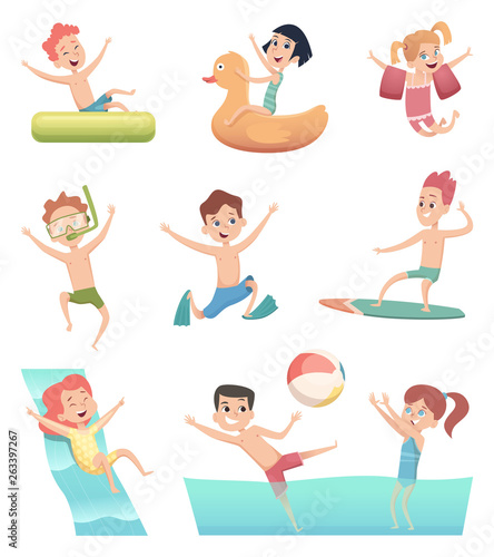 Water park games. Fun of children aqua activities with water swimming pool kids on rubber rings or mattress vector characters. Illustration of summer activity in pool, happy children in water park