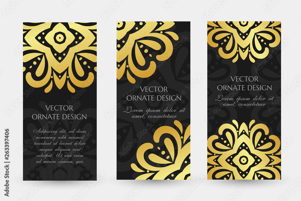 Golden floral decor. Luxury vertical flayers with ornaments on the black background.