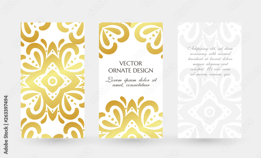 Golden floral decor. Elegant vertical flayers. Vector illustration for event invitation, ceremony card or celebration banner.