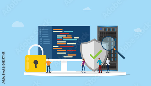 network programming security concept with code program and server safe icon - vector