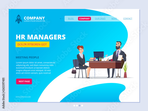 Interview landing. Hr manager director male dialogue with female worker business website layout design vector template. Business recruitment candidate, hr career illustration