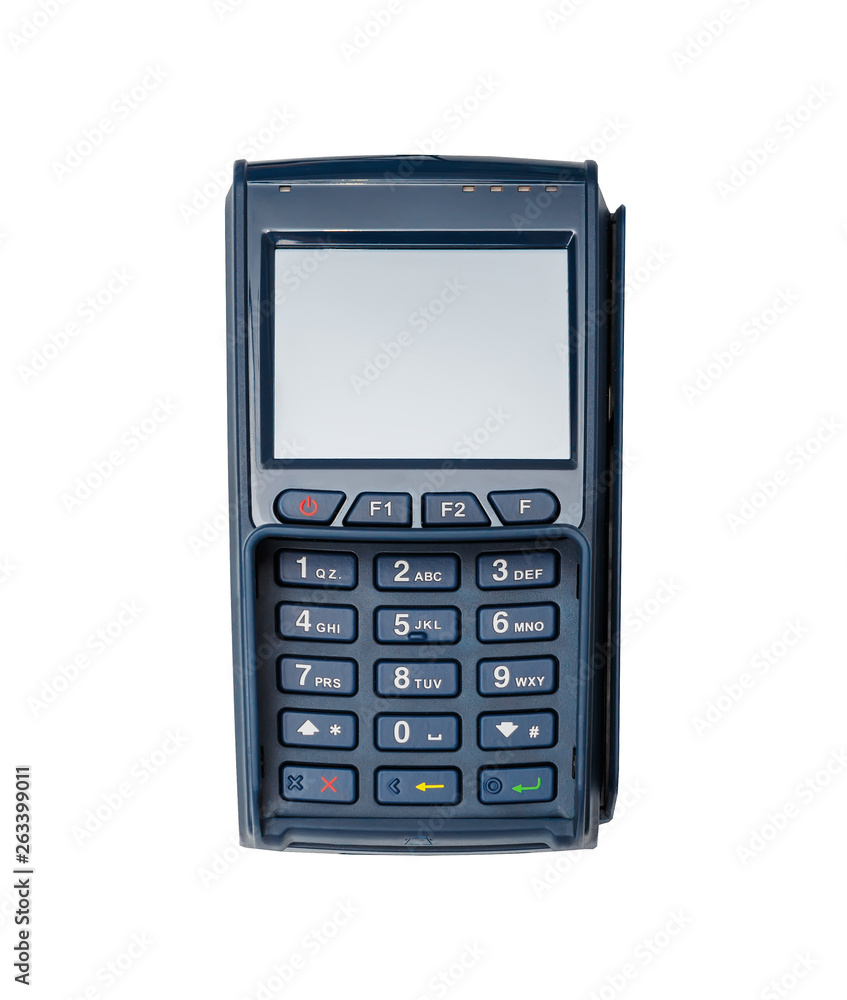 Modern blue payment terminal, with a blank screen, isolated on white. Modern blue payment terminal, with a blank screen, isolated on white.