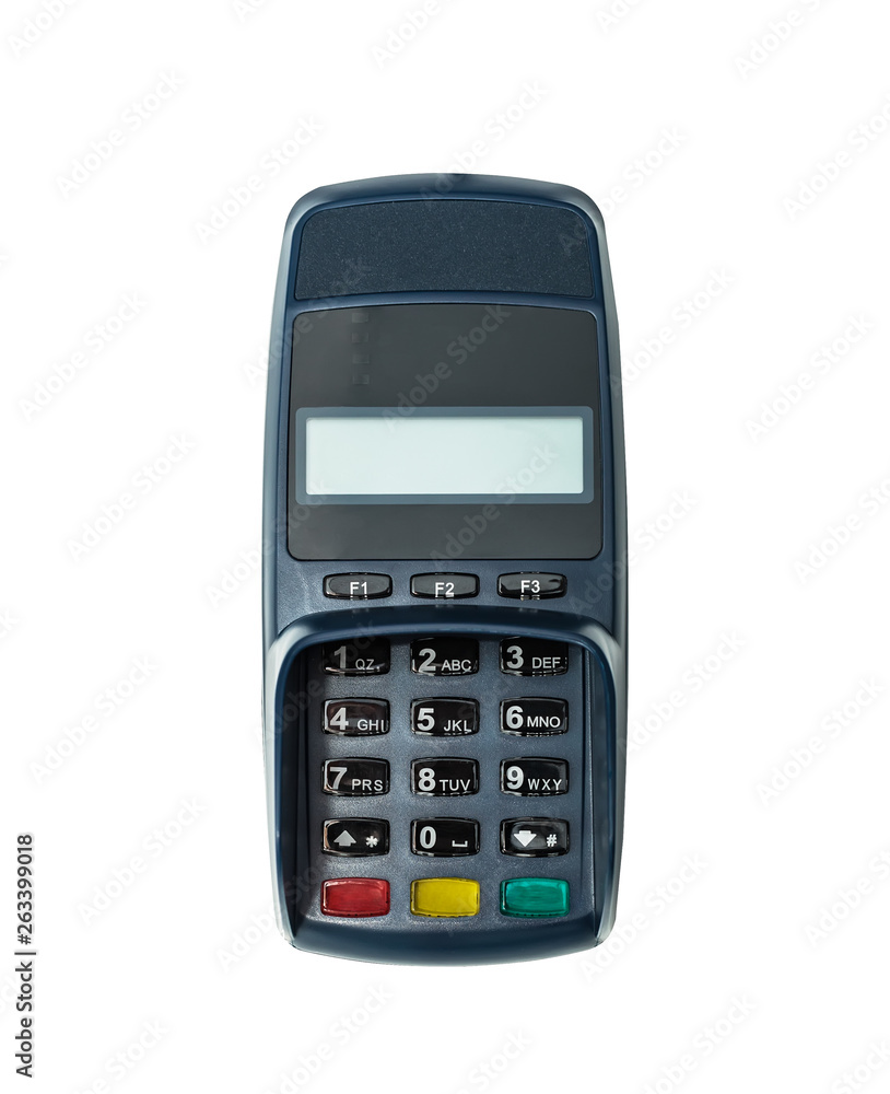 Modern blue payment terminal (pin pad), with a blank screen, isolated on white. Modern blue payment terminal (pin pad), with a blank screen, isolated on white.