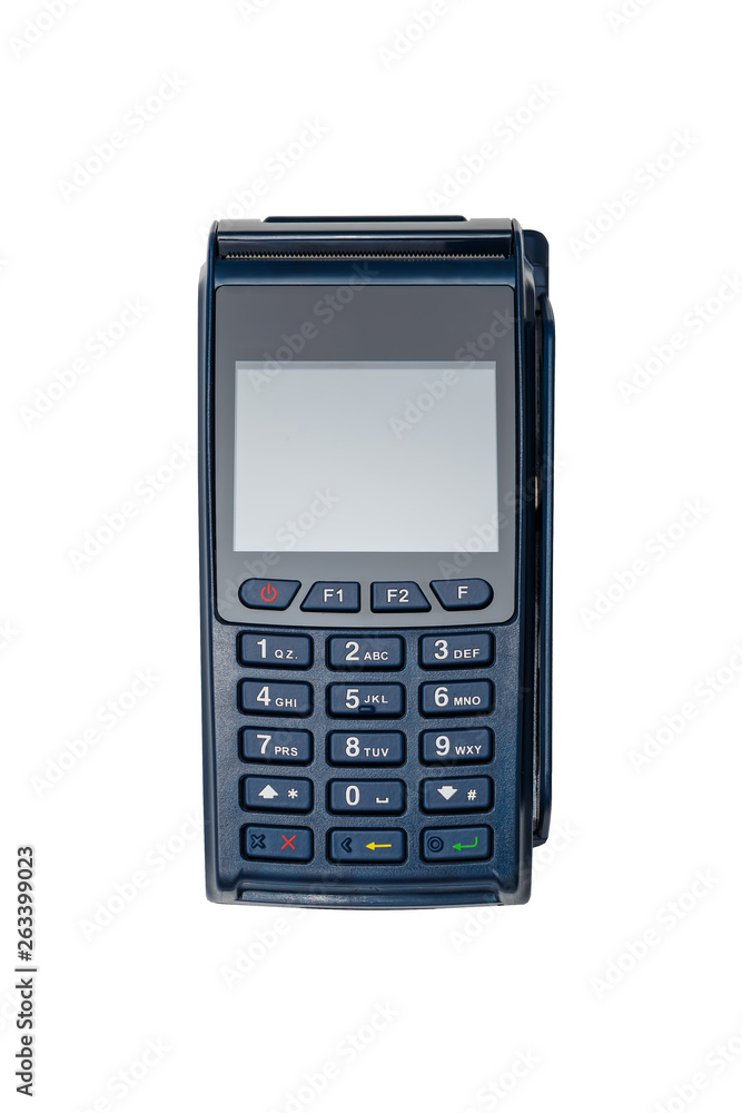 Modern blue payment terminal, with a blank screen, isolated on white. Modern blue payment terminal, with a blank screen, isolated on white.