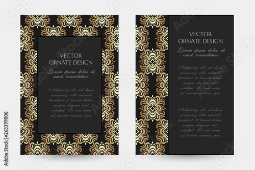 Bronze floral motif. Luxury vertical posters with decorative frame and border on the black background.