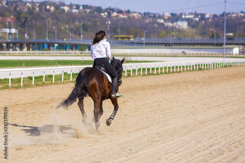 A young woman jockey training her thoroughbred horse for hippodrome races © Teodor Lazarev