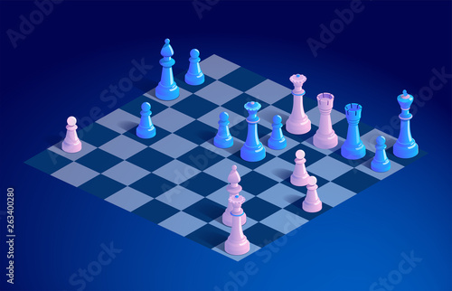 Chessboard with chess pieces. Chess board with chess on blue background. Vector 3d isometric illustration of a chessboard with chess game