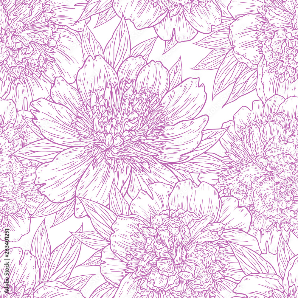 Seamless pattern with peony flowers hand drawn in lines. Graphic doodle sketch floral background. Vector illustration Seamless pattern with peony flowers hand drawn in lines. Graphic doodle sketch floral background. Vector illustration
