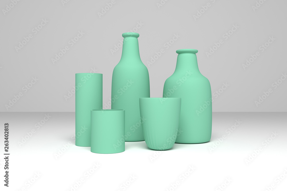 Concepture still life bottle & glass. For graphic design or background, CGI composition. 3D render. Concepture still life bottle & glass. For graphic design or background, CGI composition. 3D render.