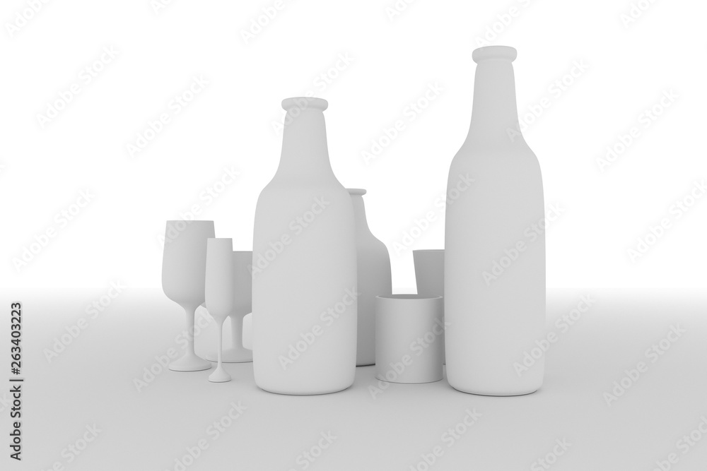 CGI composition, concepture still life, bottle & glass for design texture, background. Gray or black and white b&w 3D render. CGI composition, concepture still life, bottle & glass for design texture, background. Gray or black and white b&w 3D render.