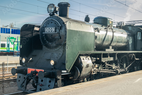 Kouvola, Finland - April 18, 2019: Old steam train Ukko-Pekka on the station at morning.