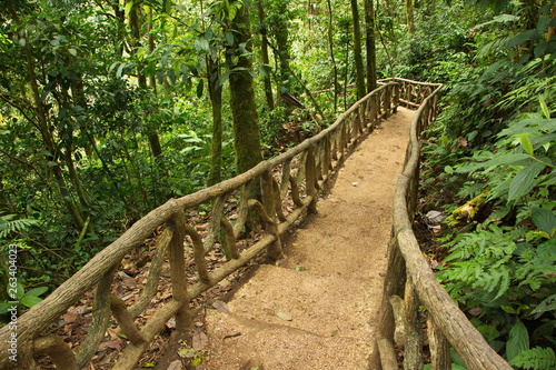 Access to the base of the waterfall on Rio Celeste in Parque Nacional Volcan Tenorio in Costa Rica