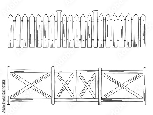 Wooden fence graphic black white isolated set sketch illustration vector
