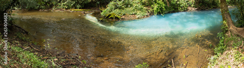Forming of sky-blue water at the junction of Rio Buenavista and Quebrada Agria at Tenidero on Rio Celeste in Parque Nacional Volcan Tenorio in Costa Rica