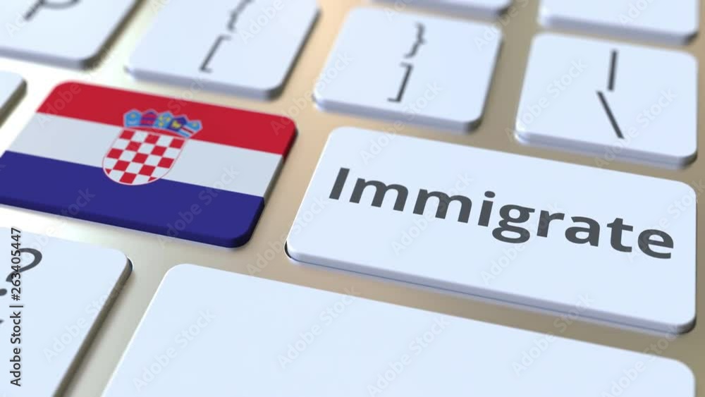IMMIGRATE text and flag of Croatia on the buttons on the computer