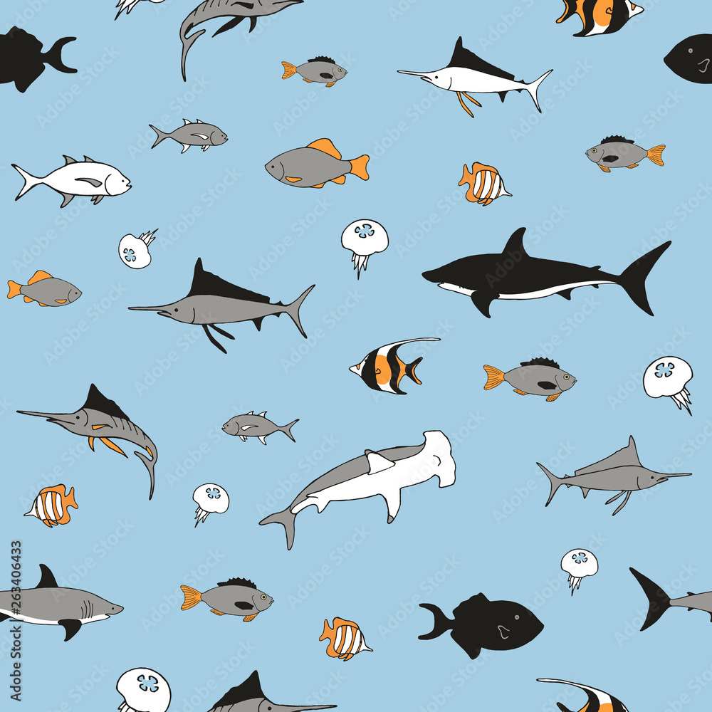 Fototapeta premium Hand drawn fish on a blue background. Seamless pattern.