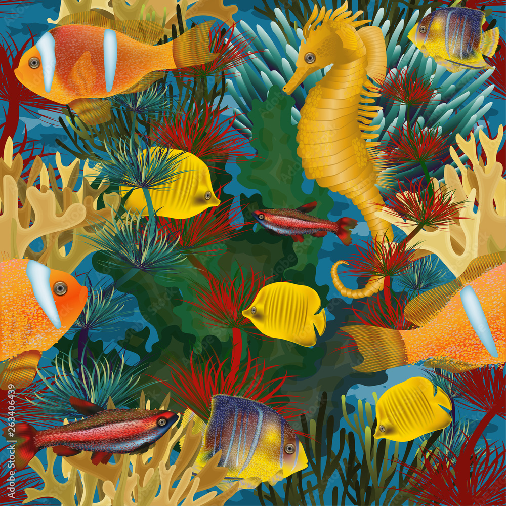Seamless underwater background with horse fish, vector illustration ...