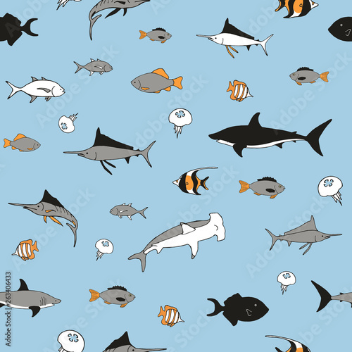Hand drawn fish on a blue background. Seamless pattern.
