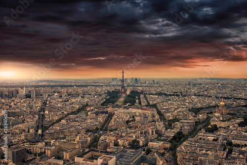 Paris cityscape sunet viewed from Montparnasse tower