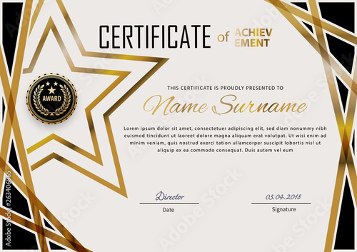 Official certificate with blue design elements. Business modern design. Gold emblem