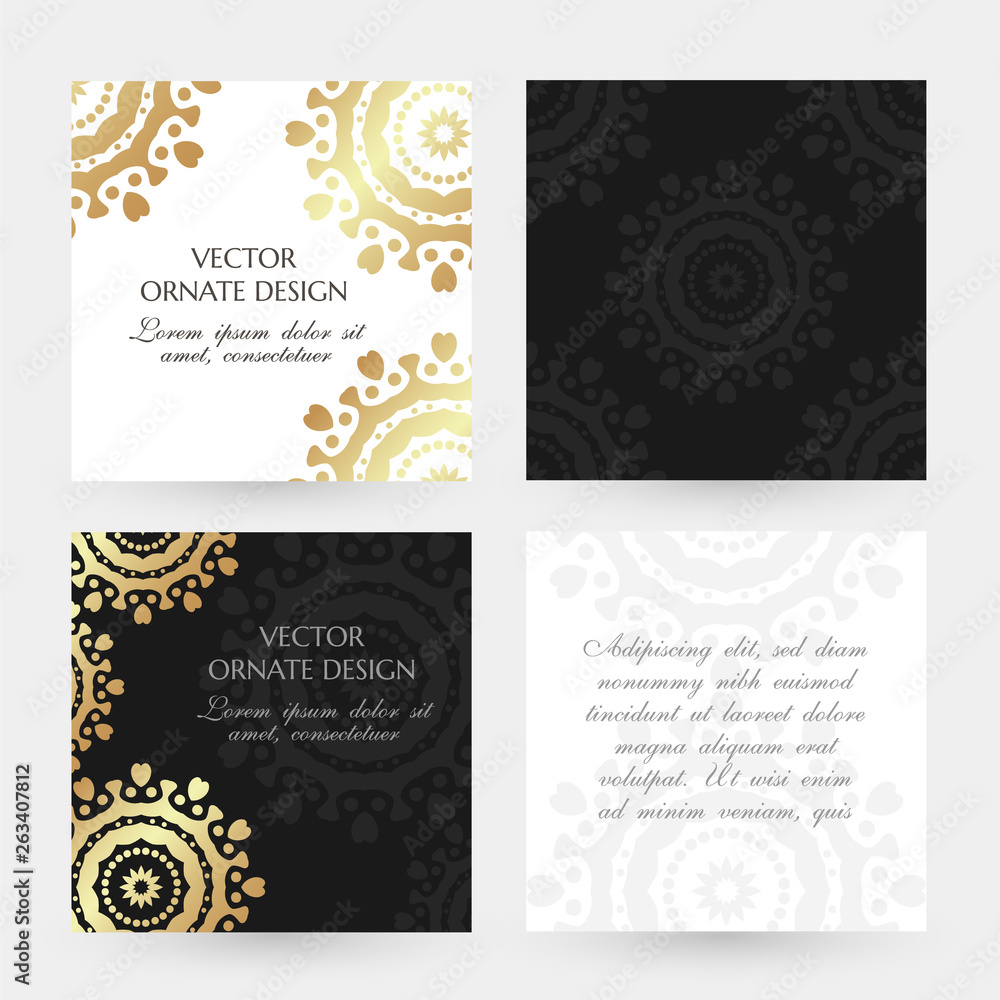 Golden circle motif. Square cards collection. Banners with decoration elements on the black and white background.