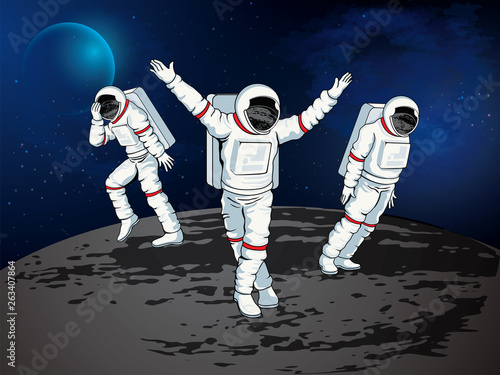 group of astronaut performing a dance move on a moon surface