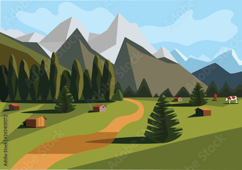 houses, mountains, field, cows, road, forest