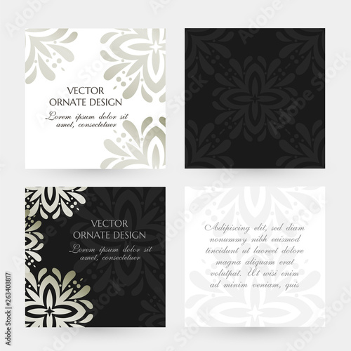 Silver floral elegant motif. Square cards collection. Banners with decoration elements on the black and white background.