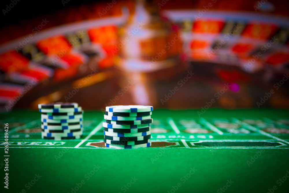 Fototapeta premium Casino element isolation on the colorful, Slot machine, Roulette while, Dice, Casino chip - image