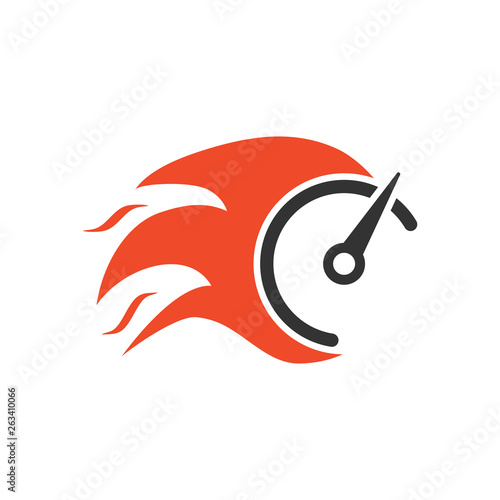 Flaming speedometer sign icon in flat style. Accelerate vector illustration on white isolated background. Motion tachometer business concept.