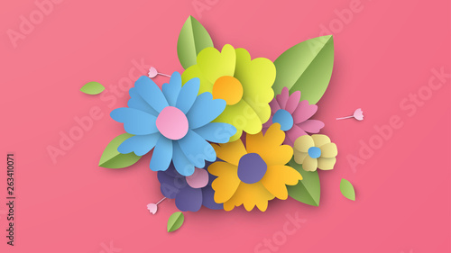 Illustration of flowers with the composition perfect in paper cut style. Colorful paper cut flowers. Paper craft and cut style. vector, illustration.