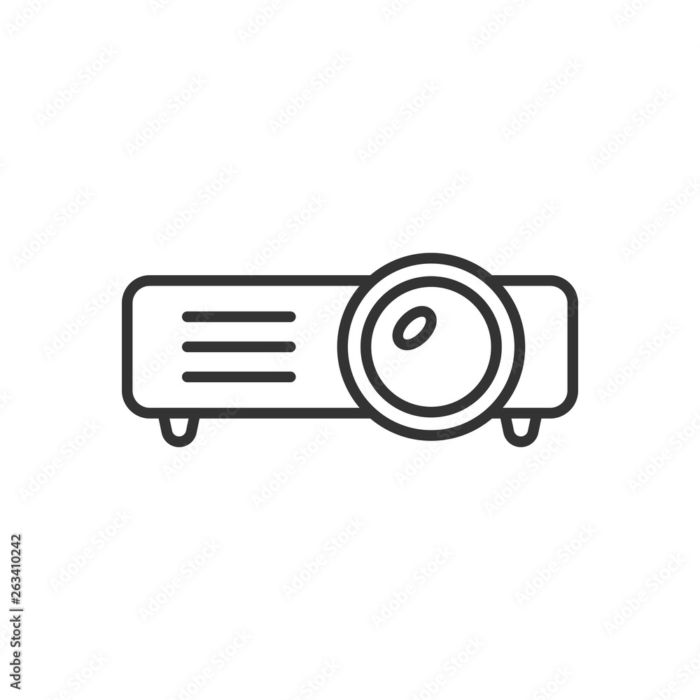 Video projector sign icon in flat style. Cinema presentation device vector illustration on white isolated background. Conference business concept. Video projector sign icon in flat style. Cinema presentation device vector illustration on white isolated background. Conference business concept.