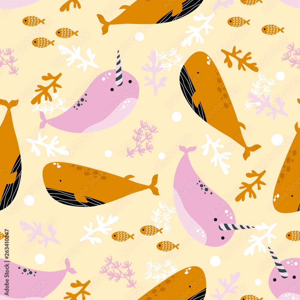 seamless pattern with whale and swordfish - vector illustration, eps