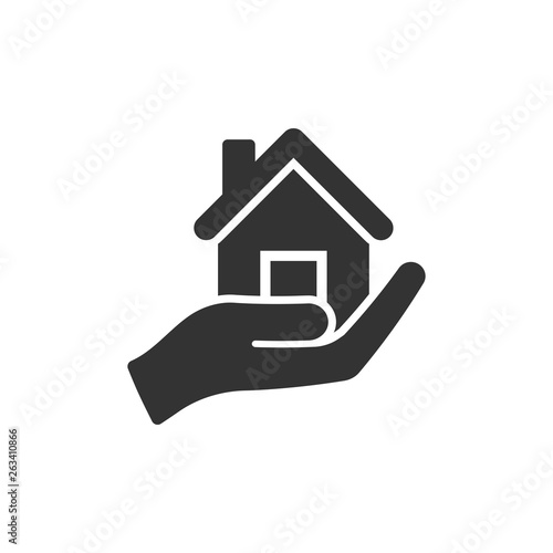 Home care icon in flat style. Hand hold house vector illustration on white isolated background. Building quality business concept.