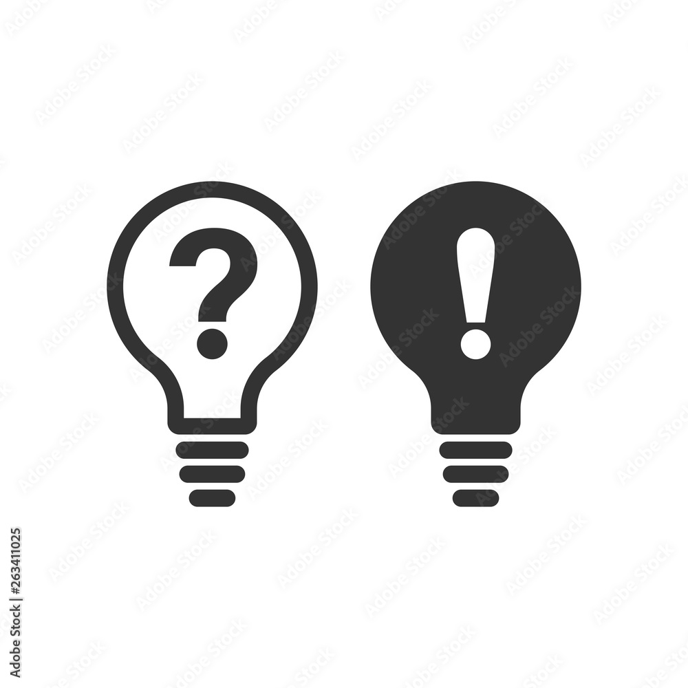Problem solution icon in flat style. Light bulb idea vector illustration on white isolated background. Question and answer business concept. Problem solution icon in flat style. Light bulb idea vector illustration on white isolated background. Question and answer business concept.