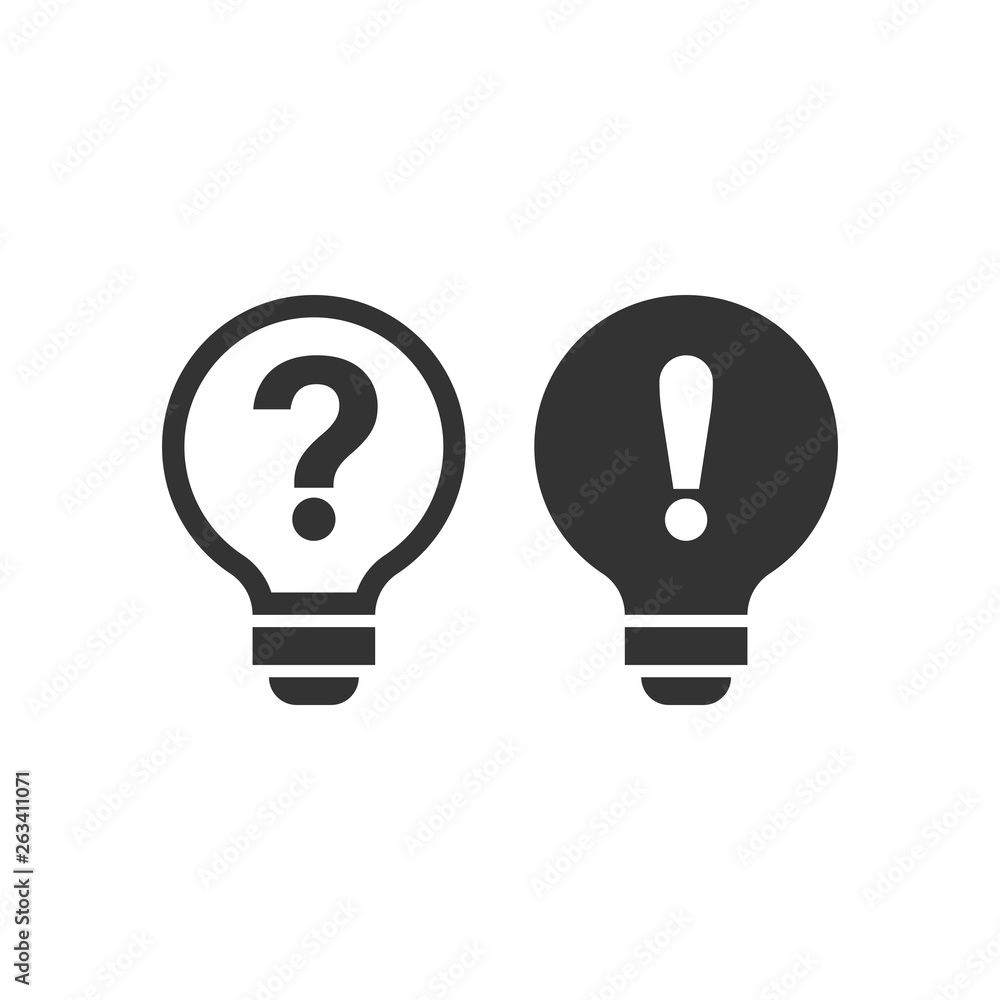 Problem solution icon in flat style. Light bulb idea vector illustration on white isolated background. Question and answer business concept. Problem solution icon in flat style. Light bulb idea vector illustration on white isolated background. Question and answer business concept.