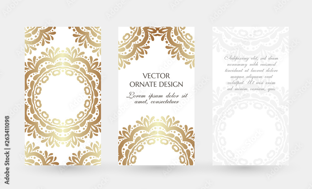 Fototapeta premium Bronze circle decor. Elegant vertical flayers. Vector illustration for event invitation, ceremony card or celebration banner.
