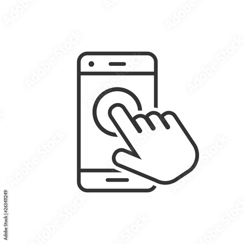 Hand touch smartphone icon in flat style. Phone finger vector illustration on white isolated background. Cursor touchscreen business concept.