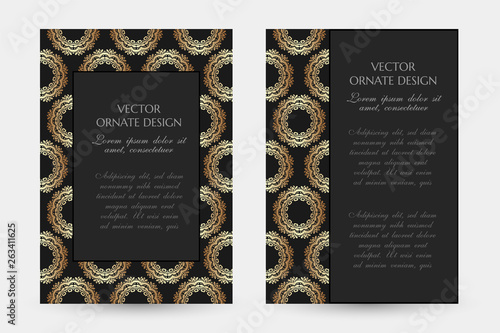 Bronze circle decor. Luxury vertical posters with decorative frame and border on the black background.